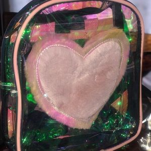 Clear Pink Fur Hearted Backpack